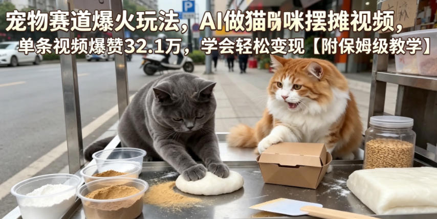 宠物赛道爆火玩法，AI做猫咪摆摊视频，单条视频爆赞32.1万，学会轻松变现【附保姆级教学】-聚合项目网