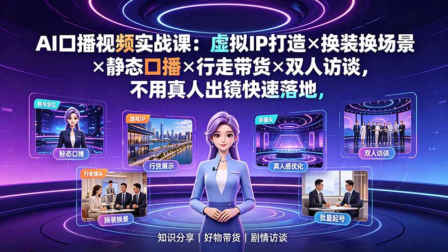 AI口播视频实战课：虚拟IP打造×换装换场景×静态口播×行走带货×双人访谈，不用真人出镜快速落地-聚合项目网