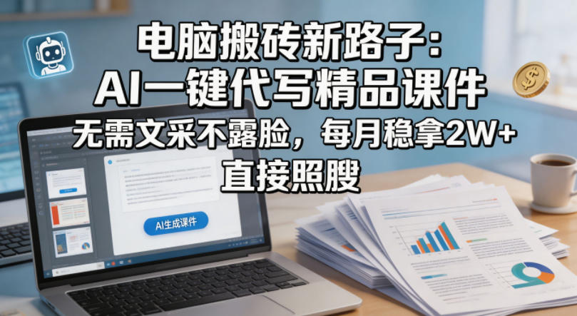 电脑搬砖新路子：AI一键代写精品课件，无需文采不露脸，每月稳拿2W+，直接照搬-聚合项目网