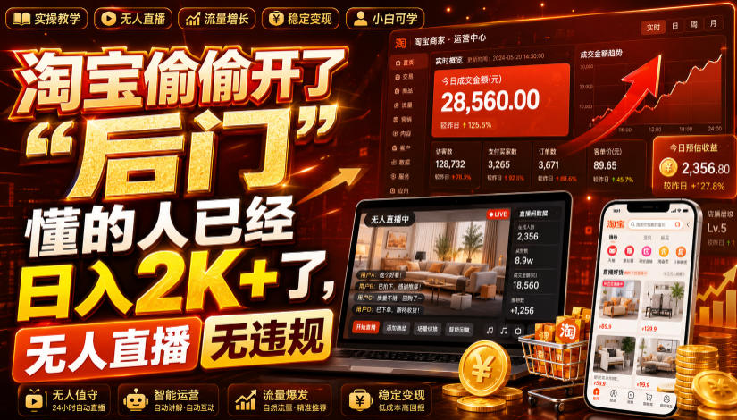 淘宝偷偷开了“后门”，懂的人已经日入2K+了，无人直播无违规，一台电脑=一家24小时营业的线上门店【揭秘】-聚合项目网