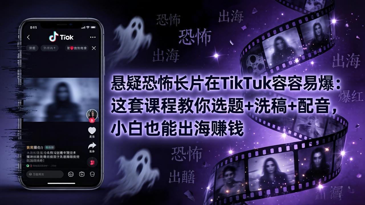 悬疑恐怖长片在TikTok最容易爆：这套课程教你选题+洗稿+配音，小白也能出海赚钱-聚合项目网