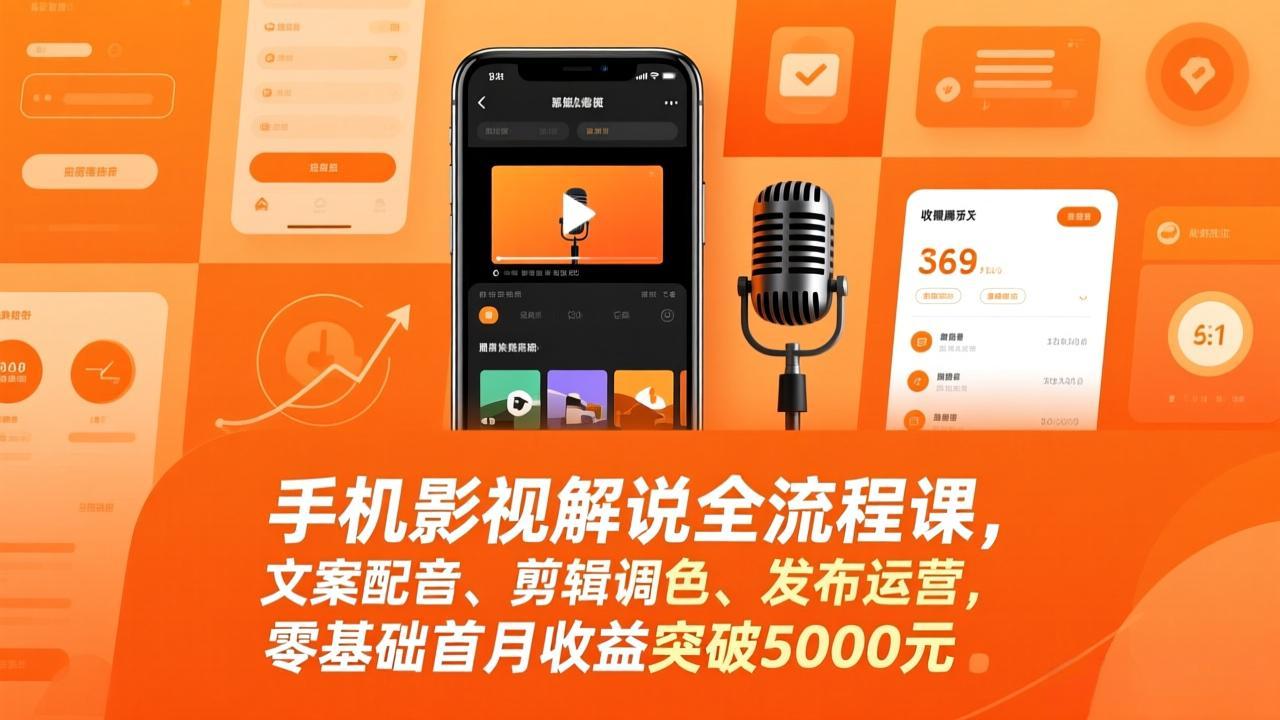 手机影视解说全流程课，文案配音、剪辑调色、发布运营，零基础首月收益突破5000元-聚合项目网