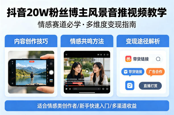 抖音20W粉丝博主风景音推视频教学，情感赛道必学，各种变现途径-聚合项目网