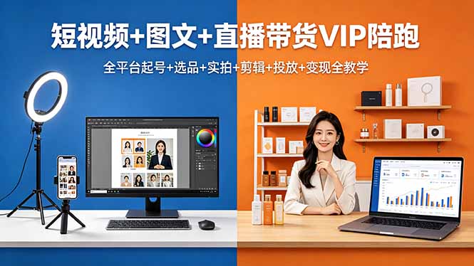 短视频+图文+直播带货VIP陪跑，全平台起号+选品+实拍+剪辑+投放+变现全教学-聚合项目网