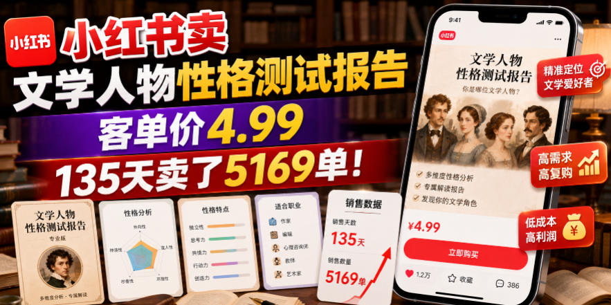 小红书卖文学人物性格测试报告，客单价4.99，135天卖了5169单！-聚合项目网